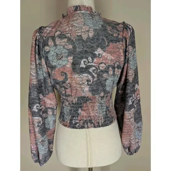 Self Contrast Corset Crop Top Ruffle Collar Balloon Sleeve Size XS Floral Boho - Picture 3 of 6